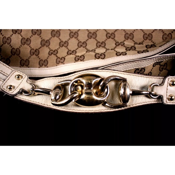 •Authentic•GUCCI Beige & Ebony Logo Canvas Ecru Leather WAVE Horsebit Hobo Bag - Picture 8 of 11